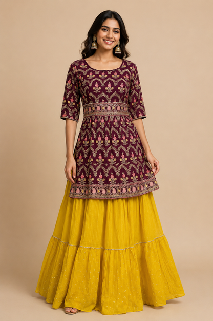 Meher Maroon & Mustard Sharara Set