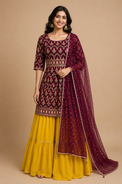 Meher Maroon & Mustard Sharara Set