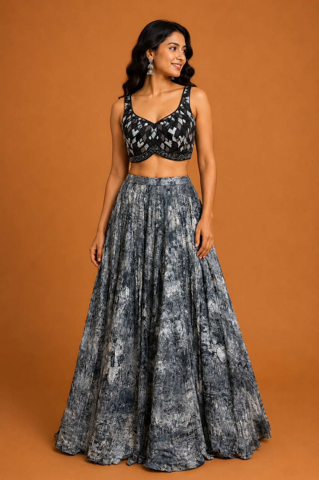 Black & Grey Printed Lehenga Set