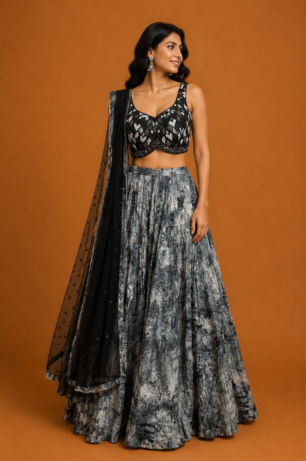Black & Grey Printed Lehenga Set