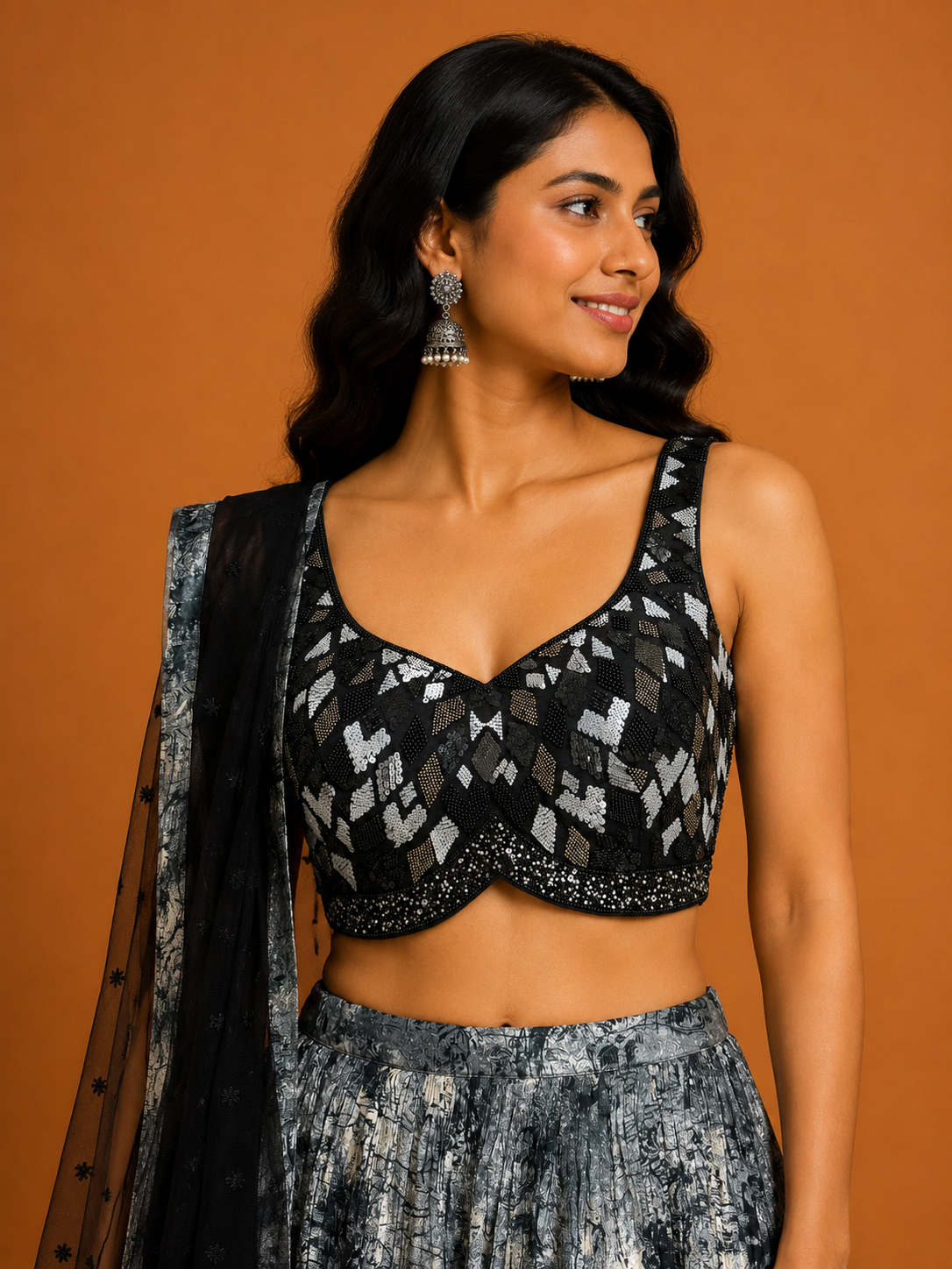 Black & Grey Printed Lehenga Set