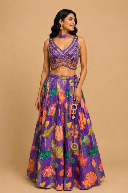 Purple Floral Printed Lehenga Set
