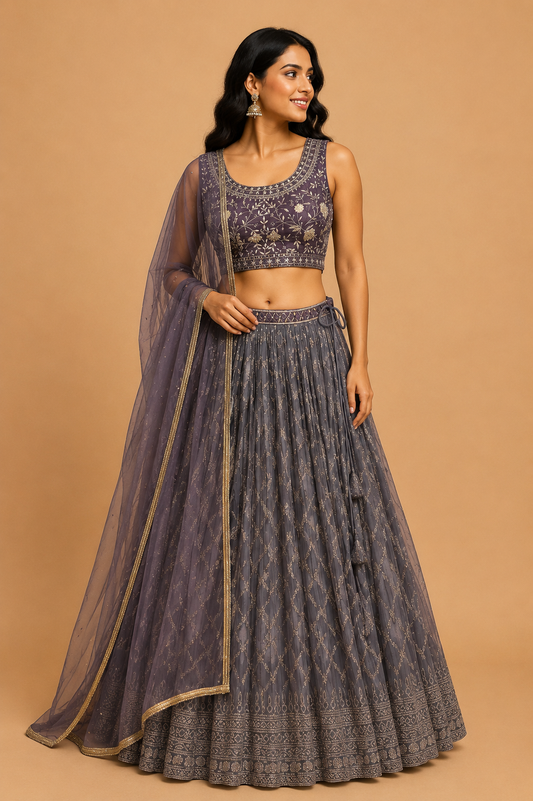 Grey Embroidered Lehenga Set
