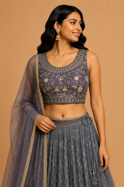 Grey Embroidered Lehenga Set