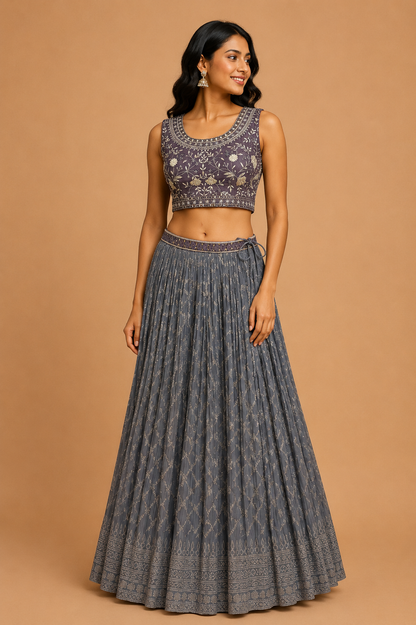 Grey Embroidered Lehenga Set