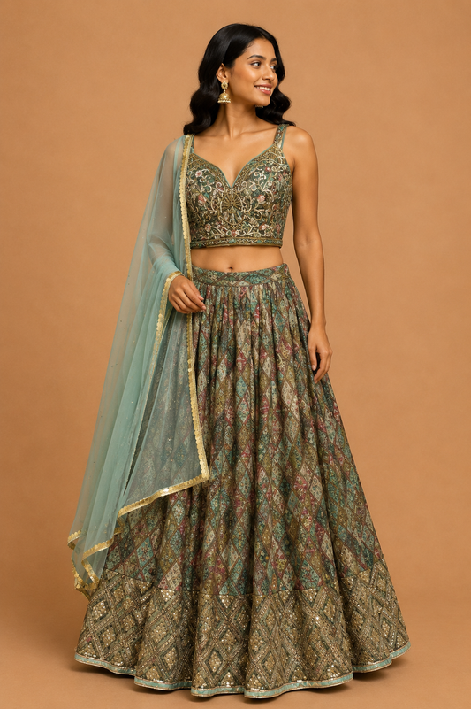 Olive Green Printed Lehenga Set
