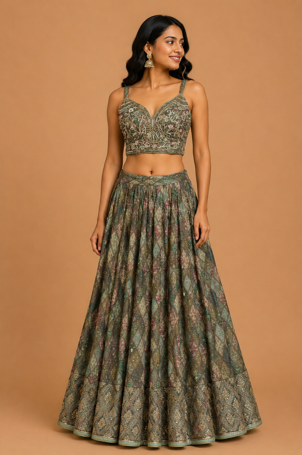 Olive Green Printed Lehenga Set