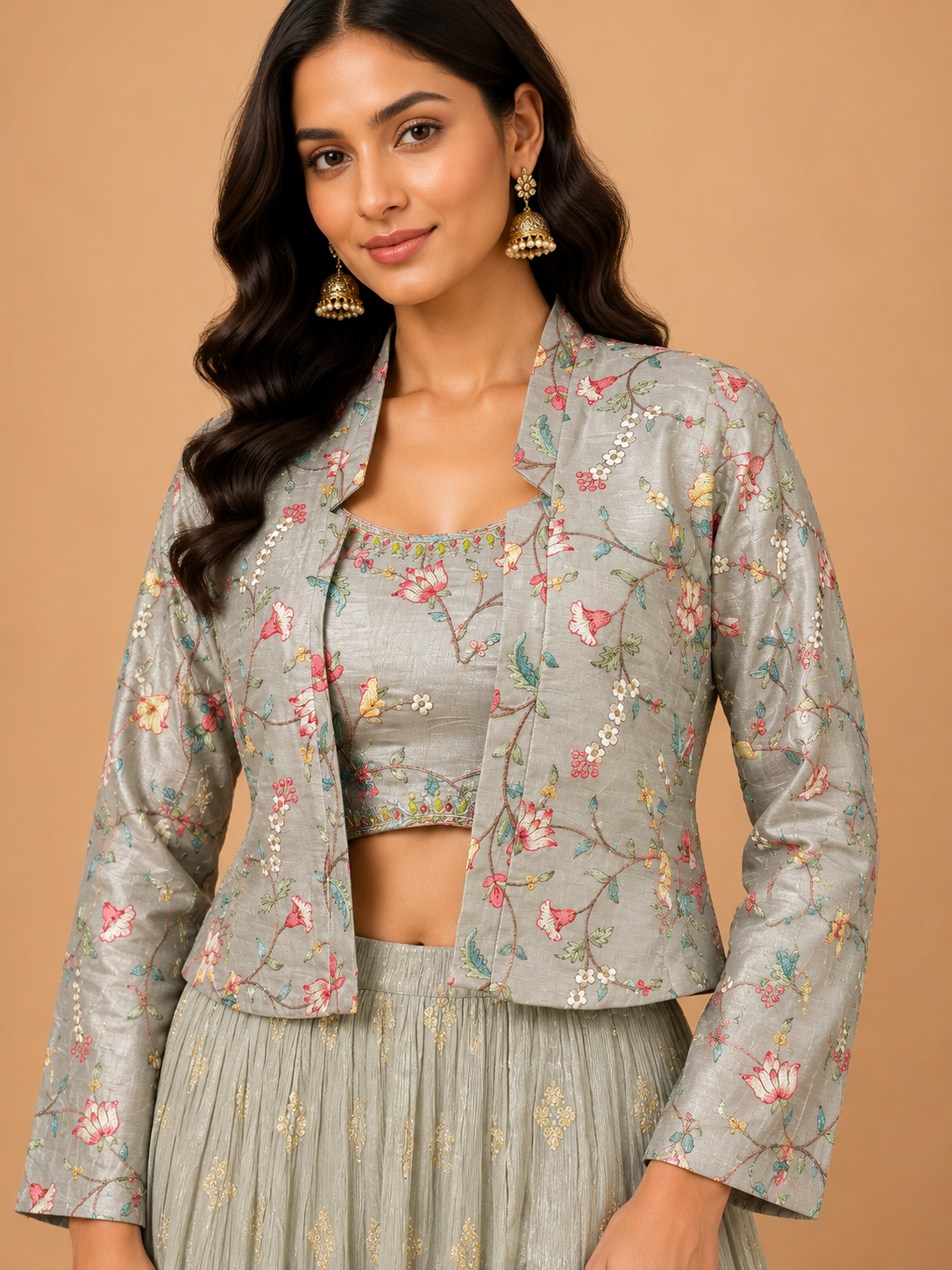Sage Green Embroidered Jacket Lehenga Set