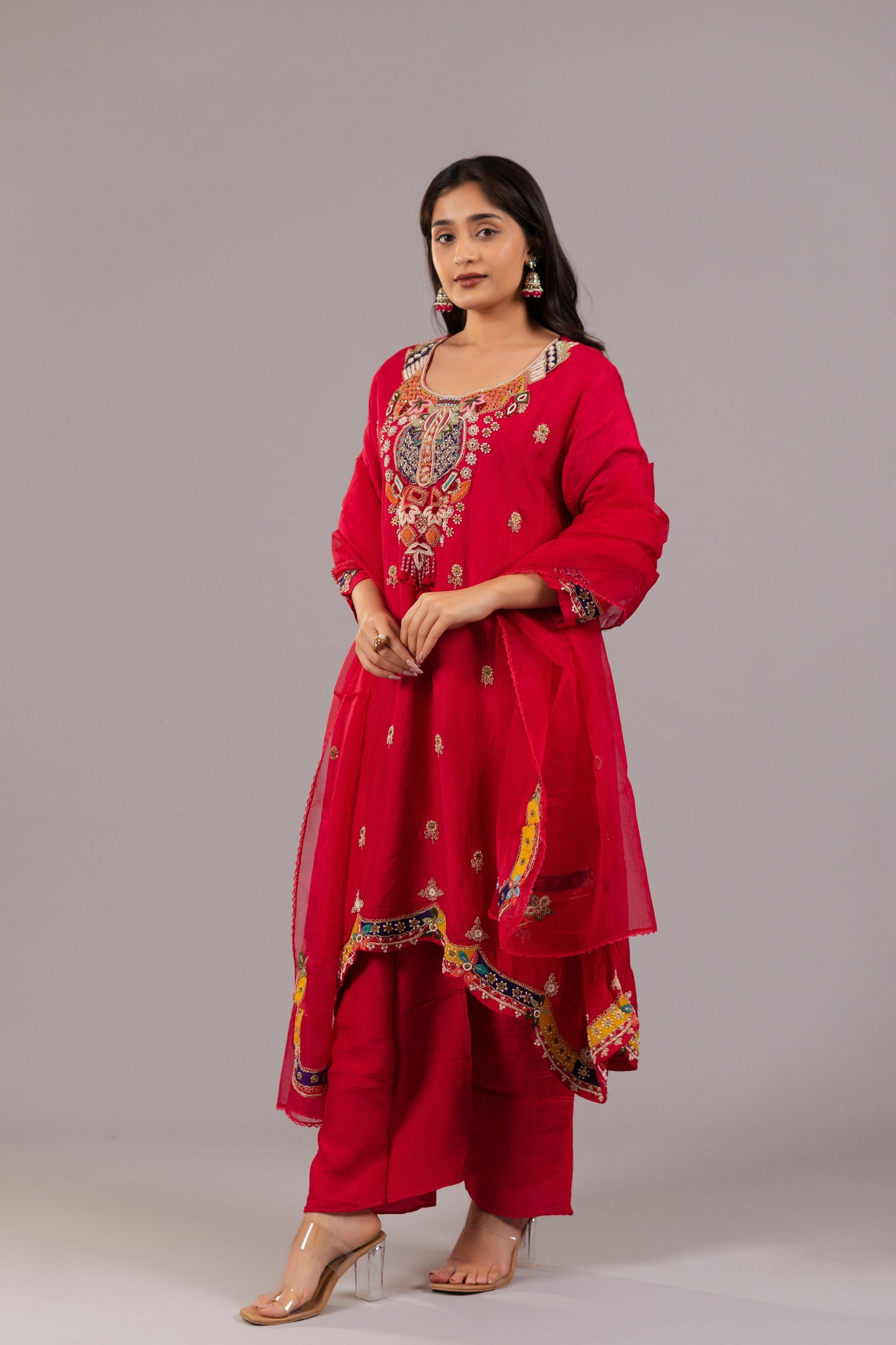 CHERRY RED SILK SUIT SET
