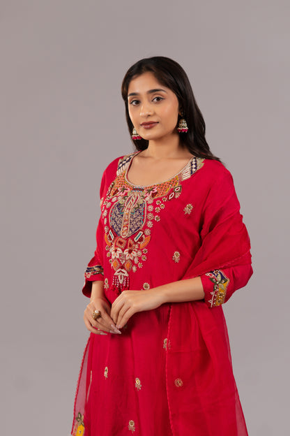 CHERRY RED SILK SUIT SET
