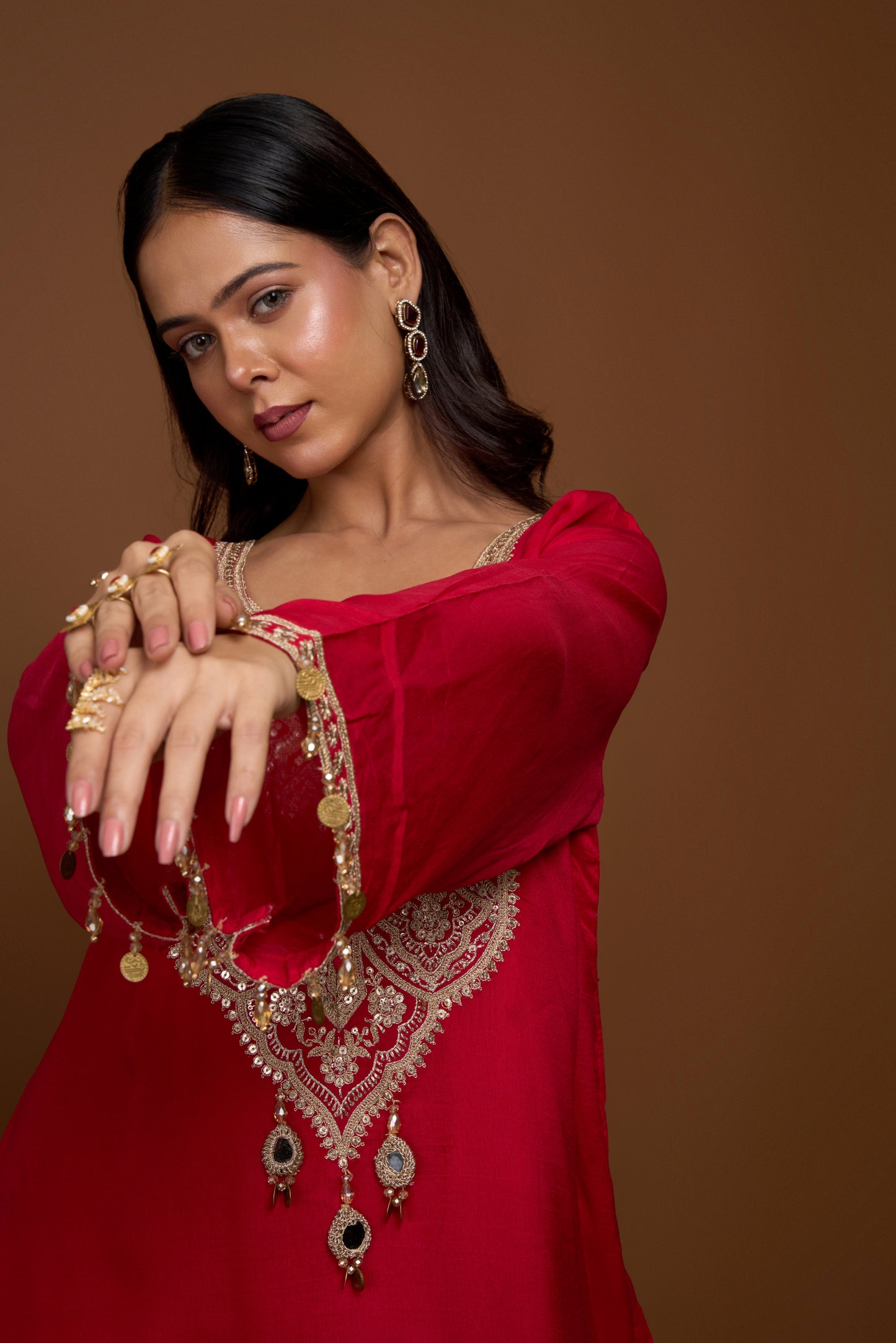 RED KURTA AND SHARARA PANTS SET