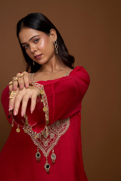 RED KURTA AND SHARARA PANTS SET