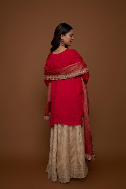 RED KURTA AND SHARARA PANTS SET
