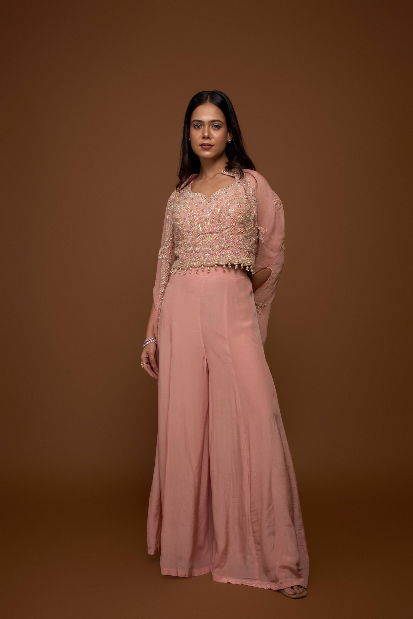 SALMON PINK CAPE AND PALAZZO PANTS SET