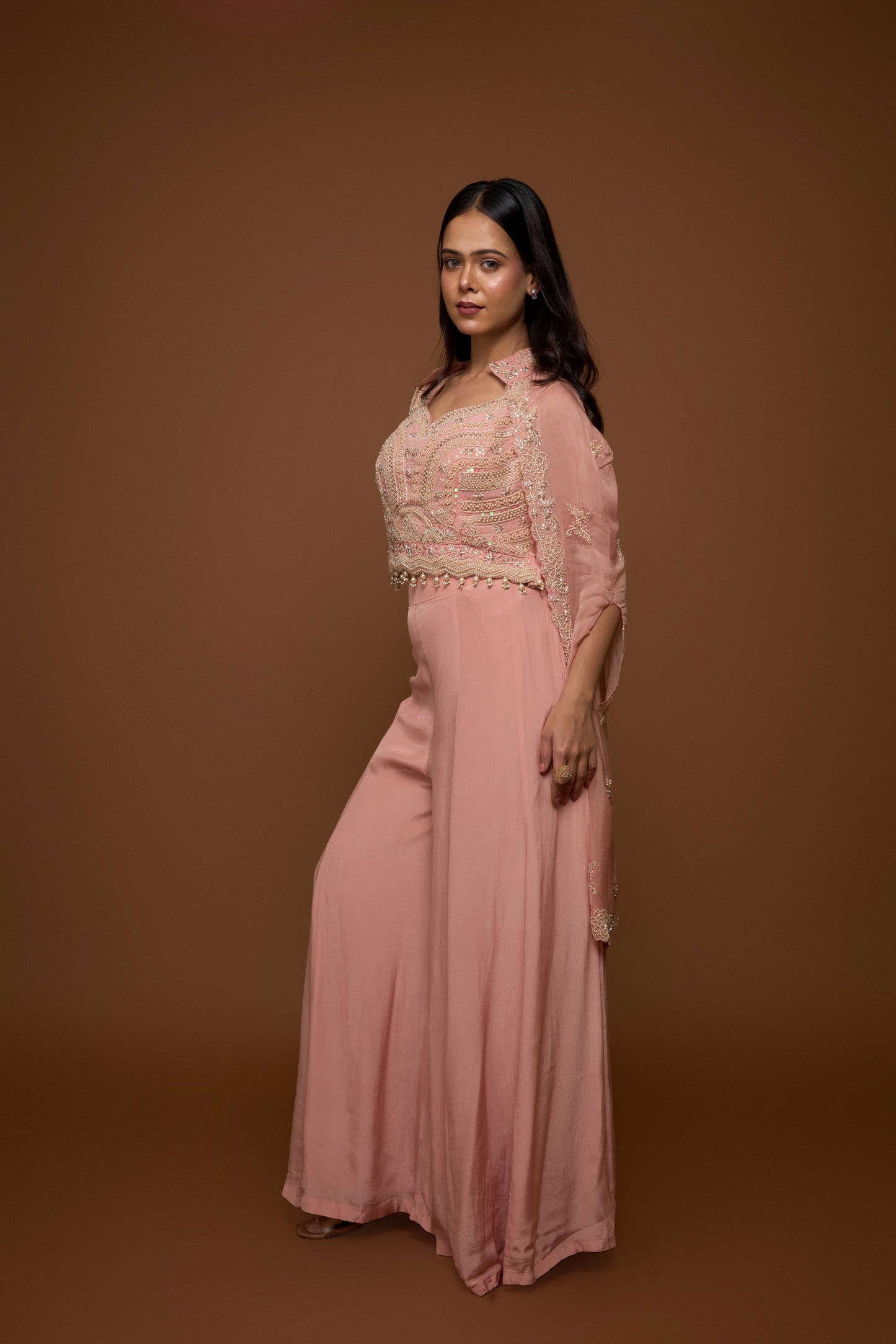 SALMON PINK CAPE AND PALAZZO PANTS SET