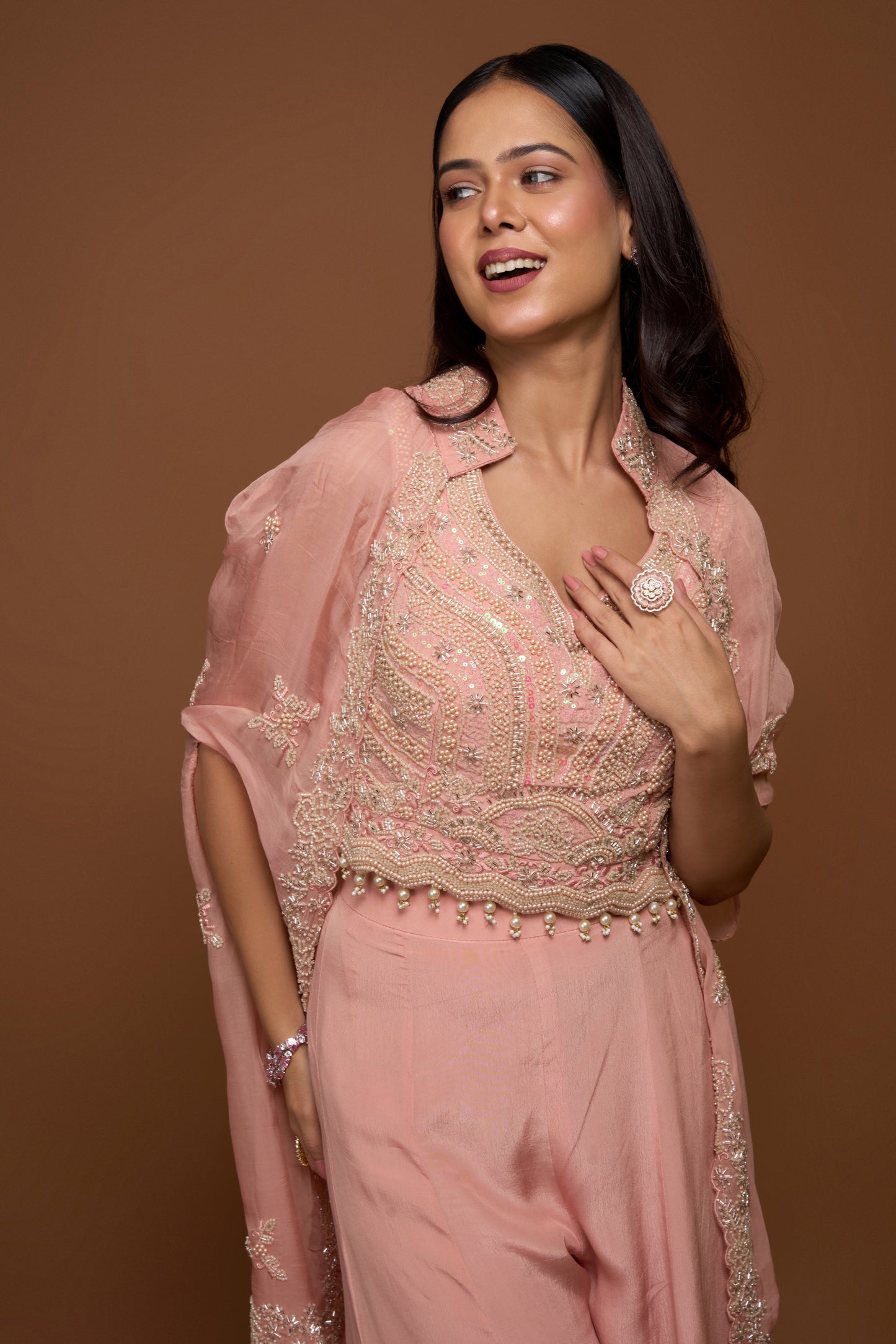 SALMON PINK CAPE AND PALAZZO PANTS SET