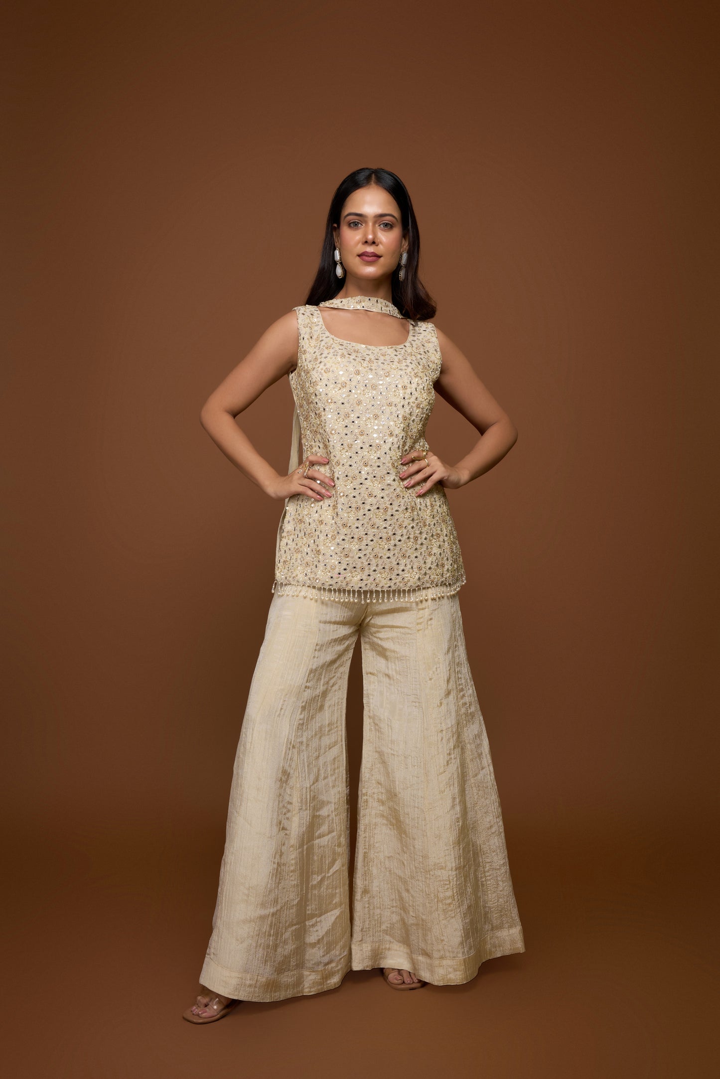 CREME KURTA AND SHARARA PANTS SET