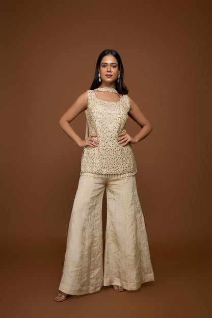 CREME KURTA AND SHARARA PANTS SET