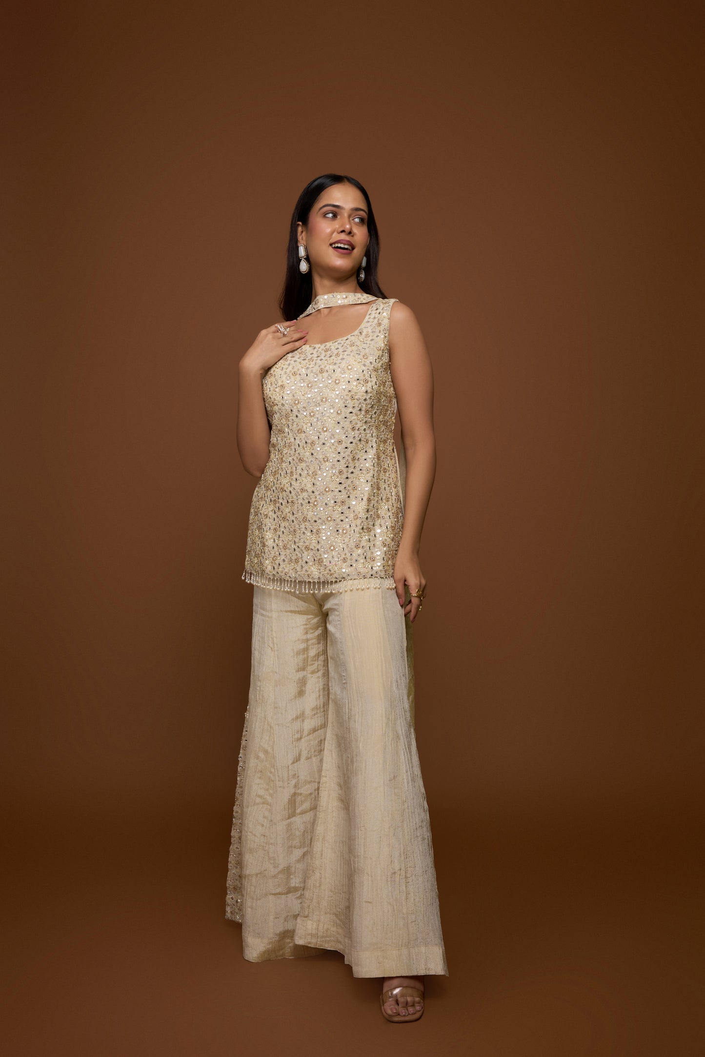 CREME KURTA AND SHARARA PANTS SET