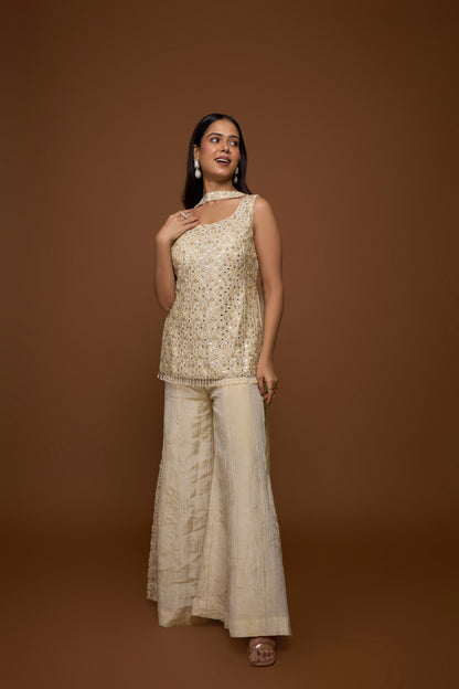CREME KURTA AND SHARARA PANTS SET