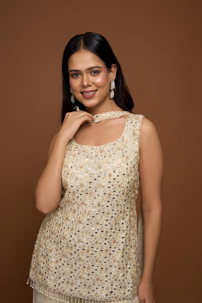 CREME KURTA AND SHARARA PANTS SET
