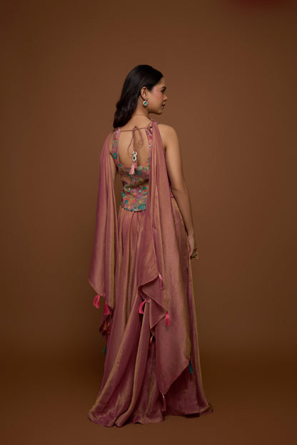GOLD PINK HALTER BLOUSE AND PALAZZO SET