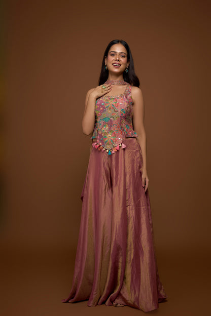 GOLD PINK HALTER BLOUSE AND PALAZZO SET