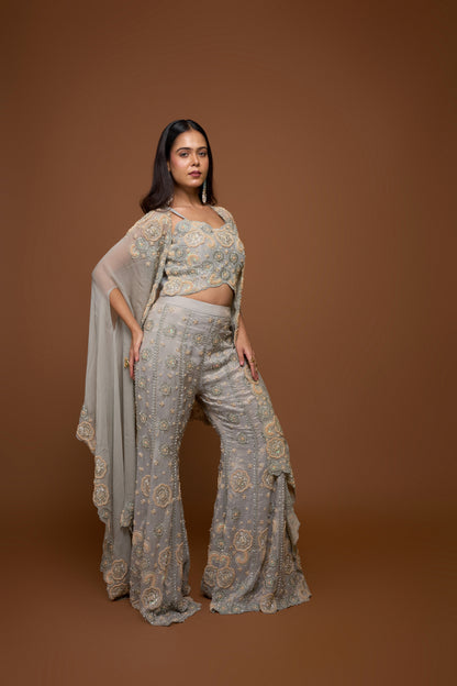 FROST BLUE CAPE AND SHARARA PANTS SET