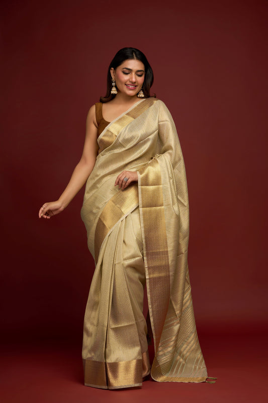 OFF WHITE AND GOLD LINEN TISSUE SAREE