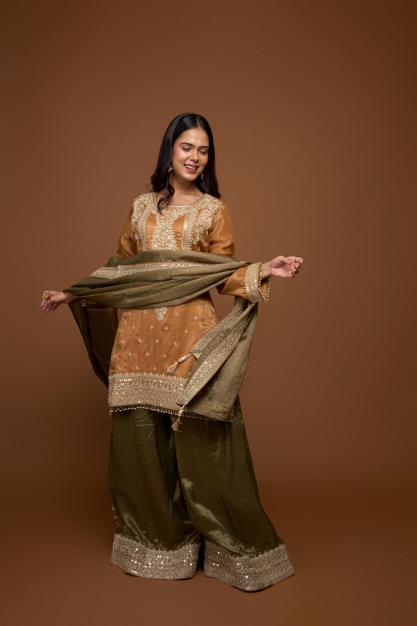 MUSTARD AND GREEN KURTA AND SHARARA SET