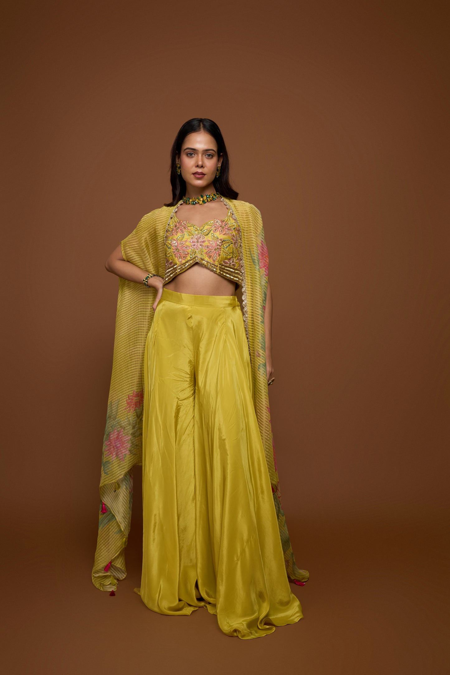 DAFFODIL YELLOW BUSTIER WITH CAPE AND PALAZZO PANTS