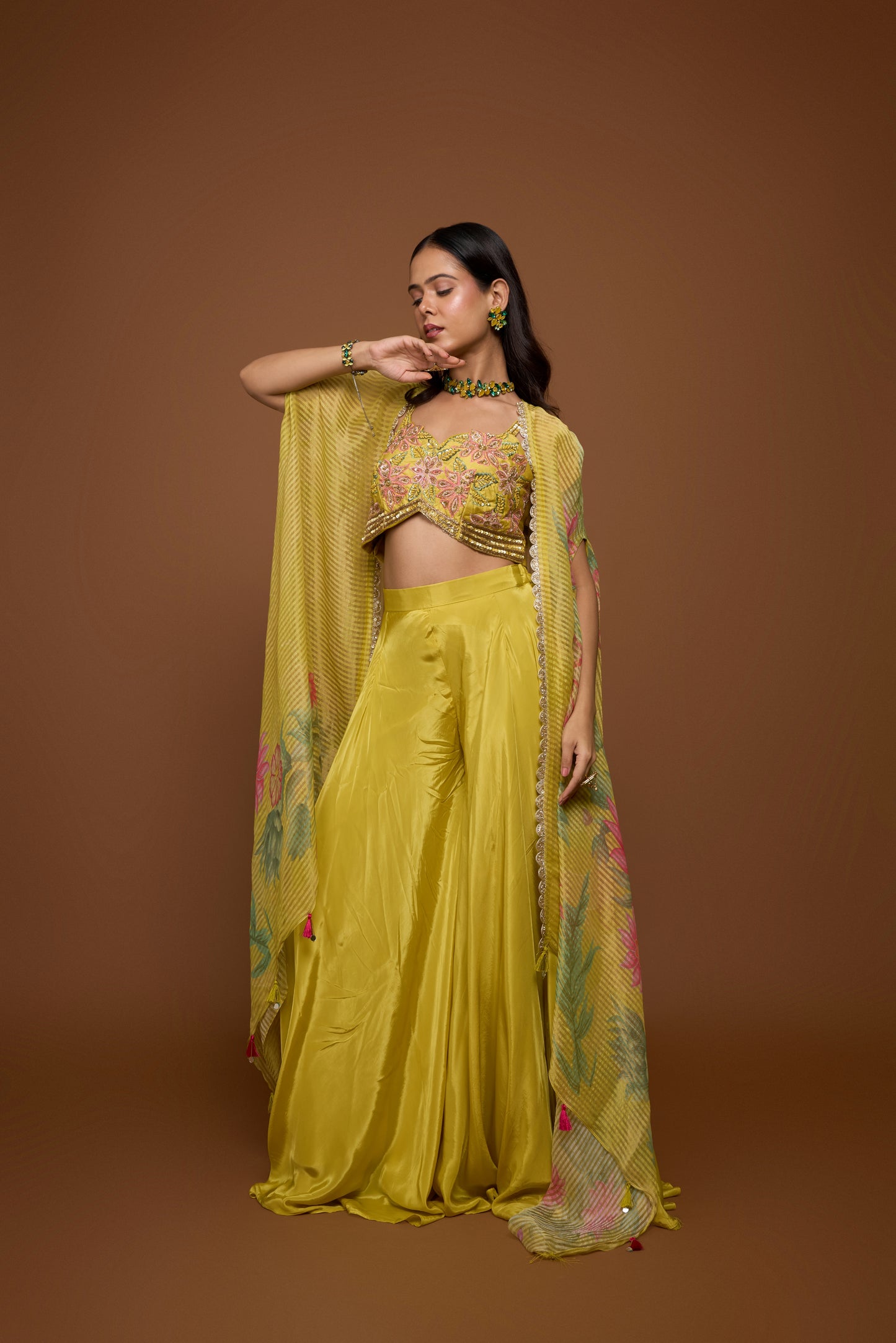 DAFFODIL YELLOW BUSTIER WITH CAPE AND PALAZZO PANTS