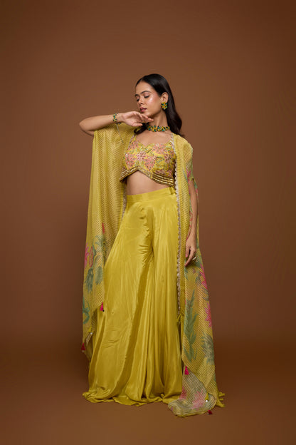 DAFFODIL YELLOW BUSTIER WITH CAPE AND PALAZZO PANTS