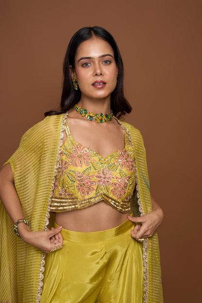 DAFFODIL YELLOW BUSTIER WITH CAPE AND PALAZZO PANTS