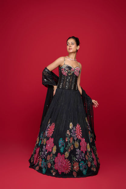 BLACK CREEP FLORAL LEHENGA