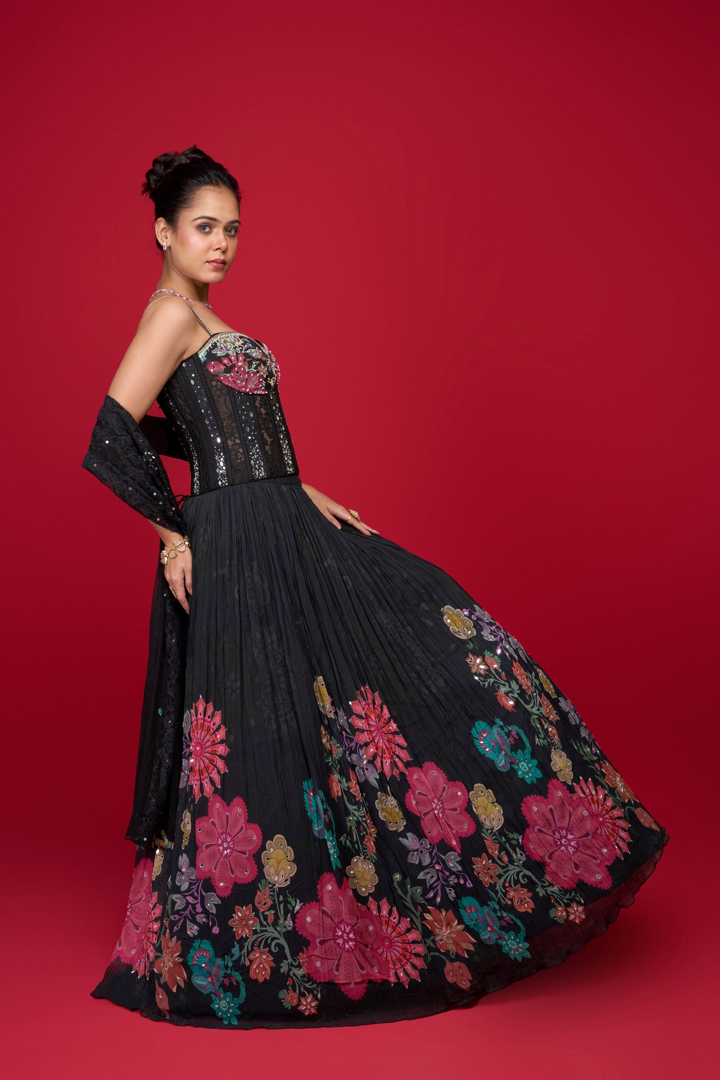 BLACK CREEP FLORAL LEHENGA