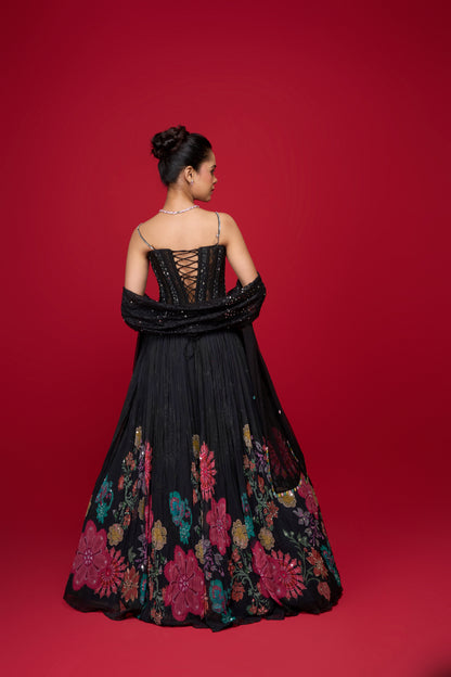 BLACK CREEP FLORAL LEHENGA