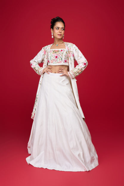 WHITE RAW SILK LONG JACKET LEHENGA