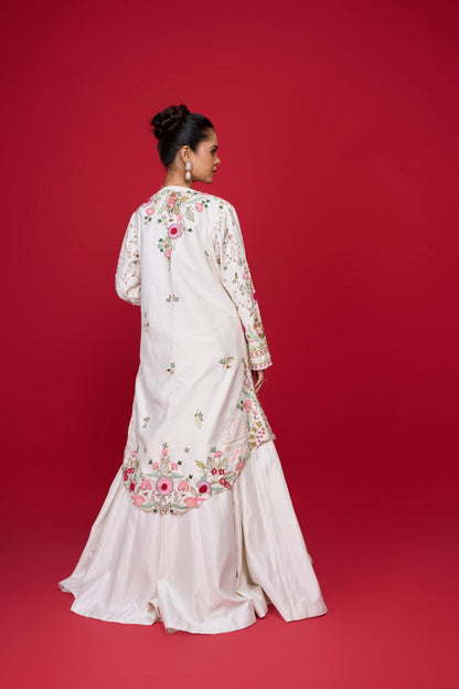 WHITE RAW SILK LONG JACKET LEHENGA