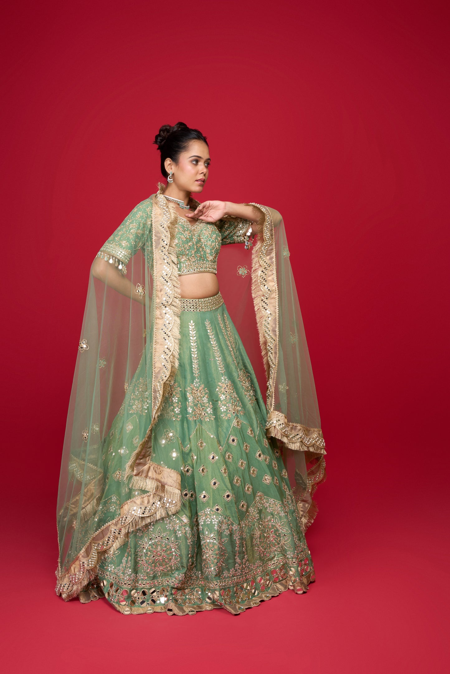 AQUA GREEN MIRROR WORK LEHENGA