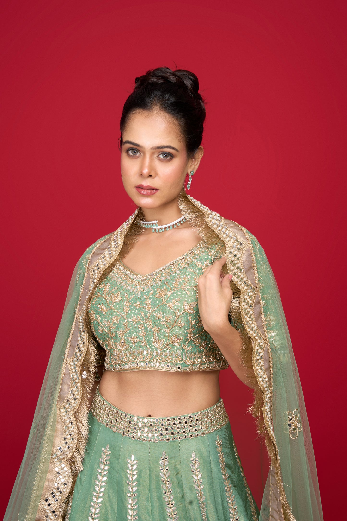 AQUA GREEN MIRROR WORK LEHENGA
