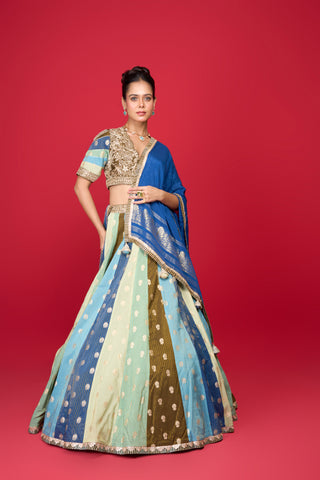 BLUE SILK LEHENGA IN MULTI KALI