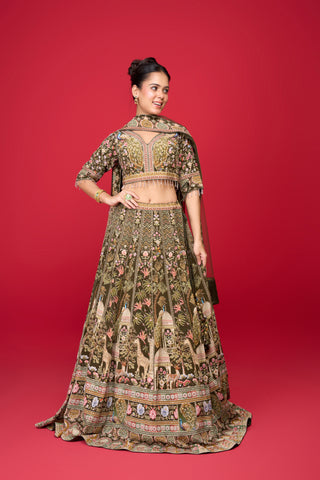 GREY PRINTED SILK LEHENGA