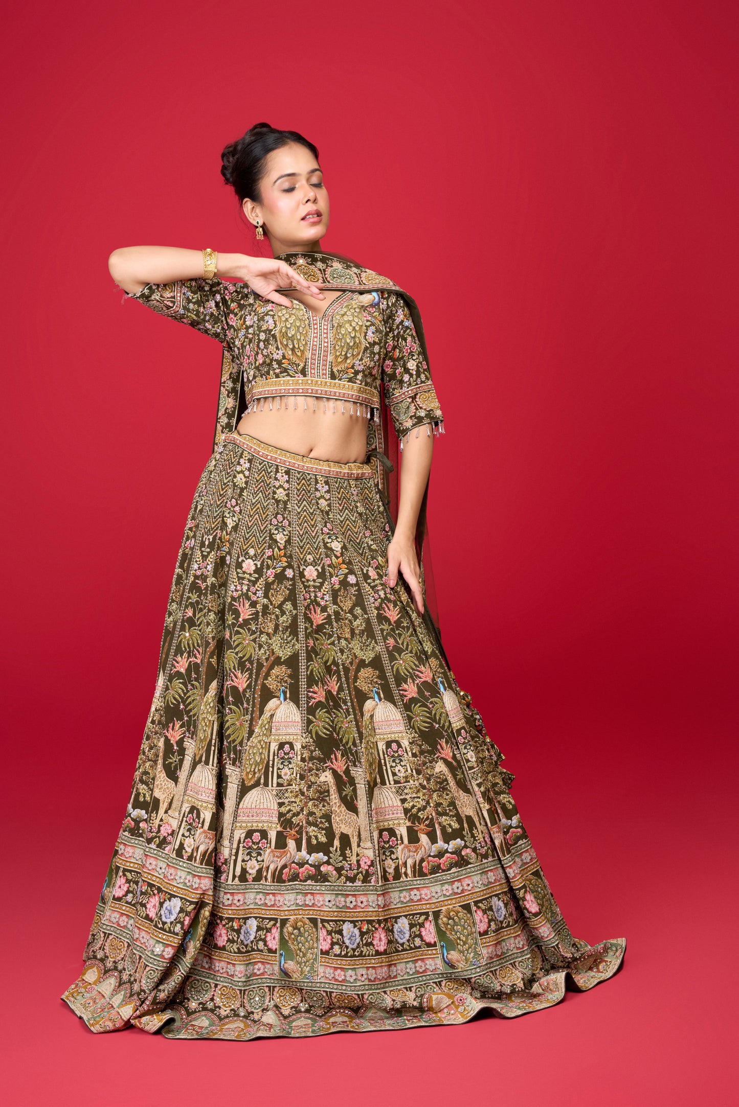 GREY PRINTED SILK LEHENGA