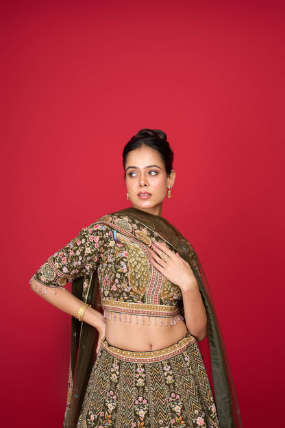 GREY PRINTED SILK LEHENGA