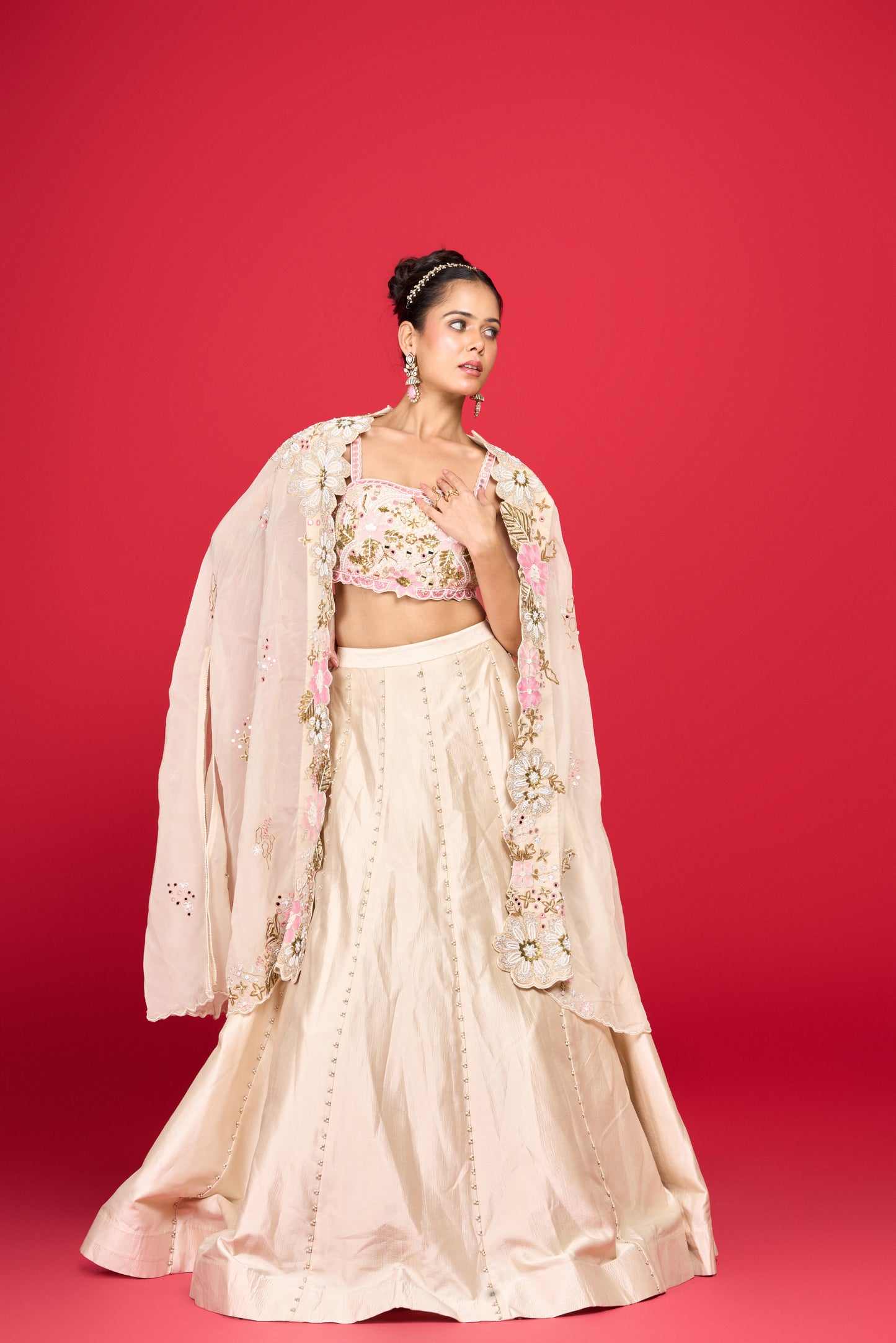 CREAM SILK CAPE SET LEHENGA