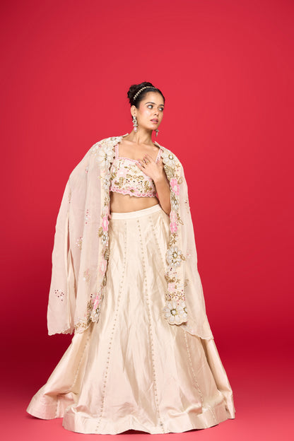 CREAM SILK CAPE SET LEHENGA