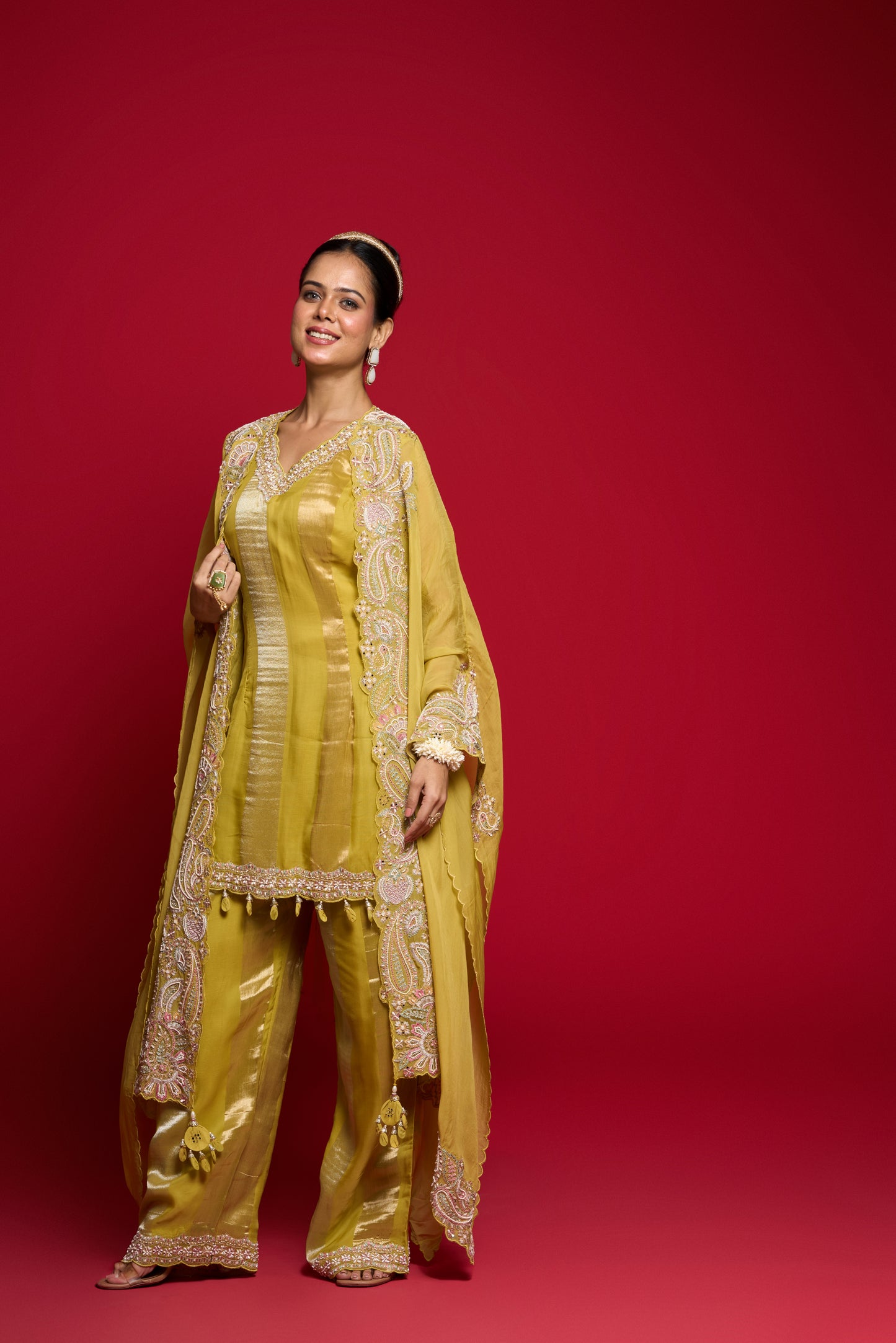 PEAR GREEN KURTA WITH CAPE AND PANTS SET