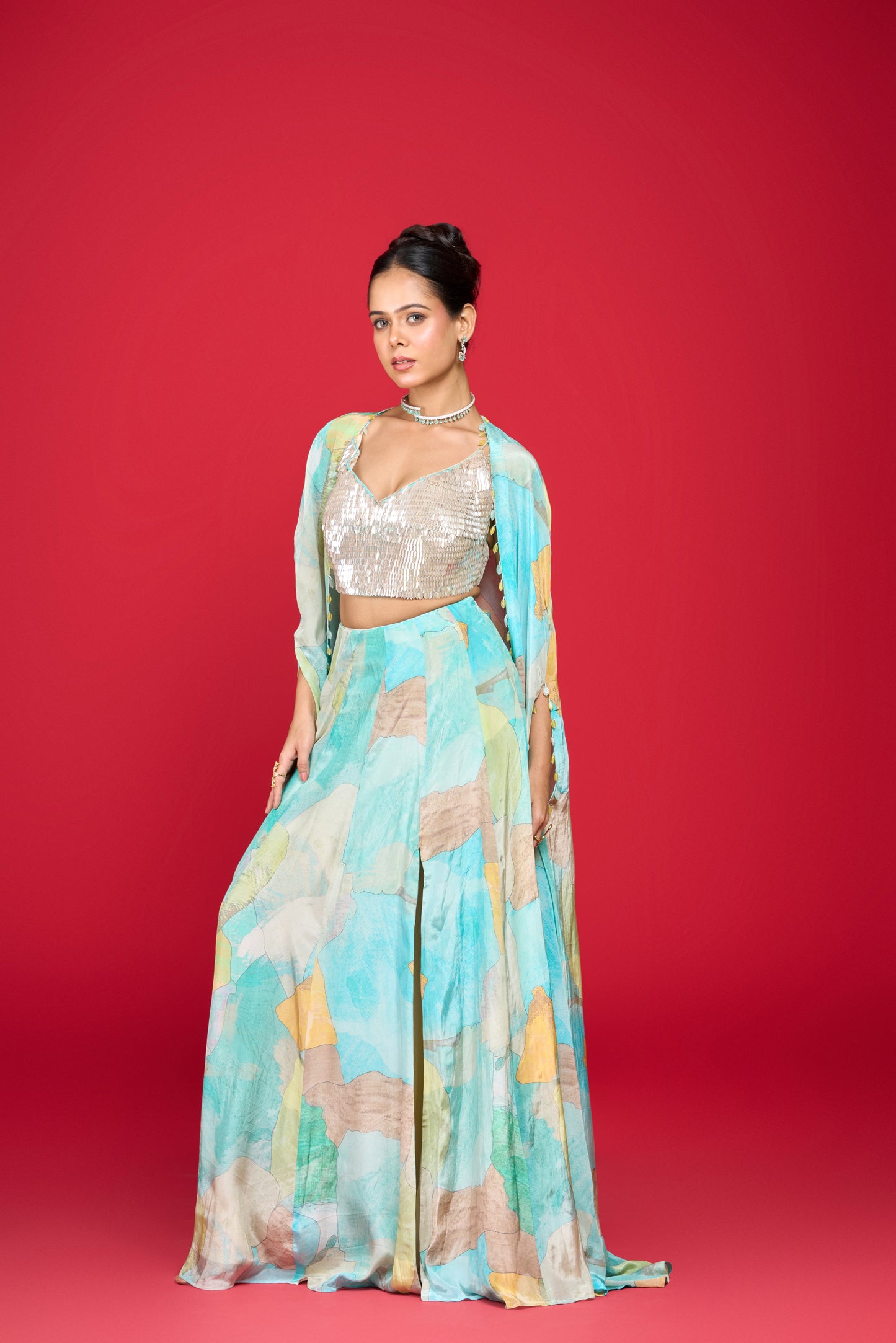 AQUA BLUE CAPE AND SKIRT SET