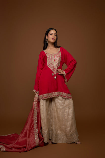 RED KURTA AND SHARARA PANTS SET